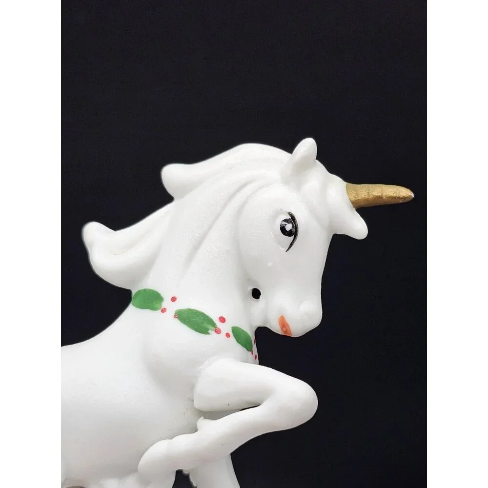 Vintage Prancing Unicorn With Christmas Holly Collar Ceramic Figurine Fantasy
